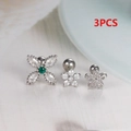 Detailed macro of 3PCS stainless steel earring set featuring green and clear zircon flowers - Screw Back / Silver - 3Pcs Set