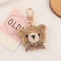 Handmade brown crochet bear keychain with a plaid bowtie and golden lobster clasp - Light Brown Style (Q1080-3)
