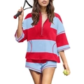 Dames tennisset met rood-blauwe strepen, poloshirt met halve rits en sportieve short - Rood + Blauw