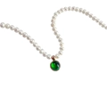Retro round pearl necklace with a green birthstone pendant in a gold setting - May Emerald