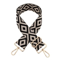 Close-up of black and white geometric diamond woven strap with gold metal swivel clasps - Gold Buckle / Beige-Black