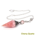 Cone-shaped cherry quartz pendulum with silver floral cap and copper wire wrap - Antique Silver Rose Quartz