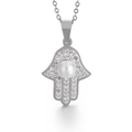 Silver Hamsa Hand pendant necklace with central pearl and sparkling zircon stones - Silver Hamsa Hand Pearl Style (KP45124-K)