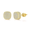 Macro detail of gold plated square hip hop earrings with screw back and cubic zirconia - Pave Cushion Gold
