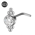 Silver G23 titanium L-shaped nose stud featuring three-cluster clear zircon stones - Vertical Line With Three-Bead Ends (Style 11 L-Shaped) / 0.8x7mm