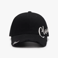 Black cotton baseball cap featuring white Clown embroidery and distressed brim details - Adjustable / Black
