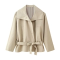 Short khaki trench coat for women featuring a classic lapel and matching waist belt - XS / Khaki