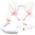 White plush cat ear headband set with pink bows, bells, tail, and lace choker - Solid White Cat Ears + Choker + Tail