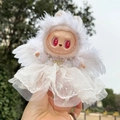 Labubu doll in white lace dress and wings with a golden heart necklace accessory - Headband Feather White Angel Five-piece Set / First And Second Generation Keychains Are Compatible With La Cloth Dolls. Dolls Not Included.