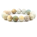 Elastic natural stone bead bracelet with mixed green and beige round gemstones on white background - 14 mm
