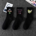 Three-pack black graffiti athletic socks with colorful street style knit patterns - One Size / Black Printed Series (04-17-15)