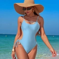 Detail of light blue one-piece swimsuit with waist cut-outs and side tie accents - S / Light Blue