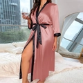 Elegant lotus pink satin sleepwear robe with black piping and belted waist for women - 3XL / Pink