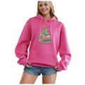 Hot pink fleece hoodie with Christmas book tree print and adjustable drawstrings - S / Tops / Rose Pink