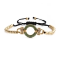 Adjustable black rope bracelet with gold beads and green zircon circle center - Green