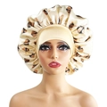 Floral print champagne satin sleep cap with wide elastic band for hair protection - 10897 Champagne Leaf