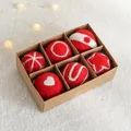 Set of 6 red wool felt Christmas balls with white patterns in a kraft gift box - Style G 6Pcs Red Embroidery Pattern