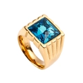 Mens gold titanium steel ring featuring a square blue gemstone with textured engraving - US 11 / Gold Aqua Blue Gemstone