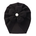 Black toddler turban hat with a large fabric flower and center pearl accent - Black