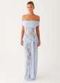 Detail of light blue lace dress featuring off-shoulder neckline and delicate waist ribbons - S / Light Blue