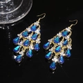 Detailed view of luxury gold tassel earrings with blue teardrop crystals and small rhinestones - 26# Ear Hook Gold Blue Teardrop Tassel Style