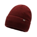 Winter rib-knit dark red beanie hat with a small silver metal logo for men and women - Red