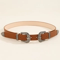 Dettaglio cintura in pelle marrone con doppie fibbie in argento inciso in stile western - Cachi