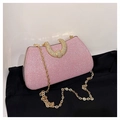 Pink glitter evening bag with gold rhinestone handle and detachable chain strap - Pink