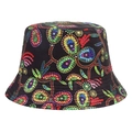 Black bucket hat featuring colorful abstract floral pattern in red, yellow, and blue - Black Colorful Floral (D-31)