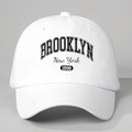 White Brooklyn New York 1898 adjustable cotton baseball cap with curved brim and black text - White