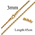 3mm width golden stainless steel rope twist chain necklace with 45cm length for men women - 3mm/45cm / Gold