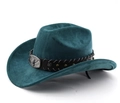 Dark green faux suede western cowboy hat featuring a decorative bull head metal buckle - M (56-58cm) / Dark Green