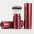 Portable retractable makeup brush set with pink metal shell and soft gradient bristles - Large Round Head / Burgundy