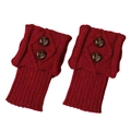 Close-up of red diamond knit leg warmers with two brown buttons on a white background - One Size / Burgundy