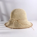 Wide brim woven straw sun hat in light beige with brown trim and bow decoration - Thin Rope Bow Straw Fisherman Hat Beige