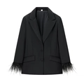 Women's black long sleeve blazer with elegant feather cuffs and two-button closure - S / Black Top