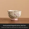 Hand-painted ceramic daisy teacup in off-white with pink base and floral patterns - Hand-Painted Magnolia - Simple Pack Bud Cup