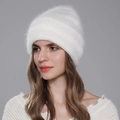 Winter white rabbit fur knit beanie for women featuring soft plush texture and warm earflaps - White