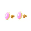 Detailed close-up of pink enamel eye stud earrings with 18K gold-plated copper base - Pink Eye
