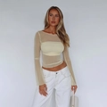 Hellgelbes, transparentes Mesh-Langarm-Crop-Top und passendes Bandeau-Set für Damen - XS / Gelb