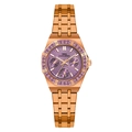 Detail of rose gold watch with purple textured dial and baguette crystal bezel - Rose Gold Case Purple Dial