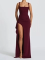 Sexy burgundy backless maxi evening dress with square neck and high slit design - XS / Burgundy