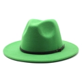 Detail of bright green wool fedora hat featuring a vintage leather belt and metal buckle - Grass Green