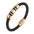Men's braided black leather bracelet with cylindrical gold stainless steel beads on white - 19cm / Gold