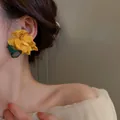 Detail of yellow flower tassel earrings with green leaf and elegant silk fabric petals - Yellow Fabric Flower (14#)