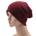 Women's burgundy knit beanie with sparkling silver rhinestones on a white background - One Size / Burgundy