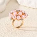 Adjustable gold open ring with pink pearls and rhinestone cluster floral design - Adjustable Open / Light Pink KC Gold
