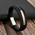 Détail du bracelet multicouche en cuir tressé noir pour homme avec fermoir magnétique - Noir + Argent