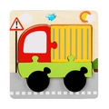 Wooden cartoon truck puzzle for early learning with vibrant scenes on a wooden base - Snap Puzzle-Truck (卡扣JM-货车)