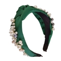 Elegante diadema de terciopelo verde con perlas hechas a mano y pedrería - Perlas Grandes y Pequeñas Verde Oscuro